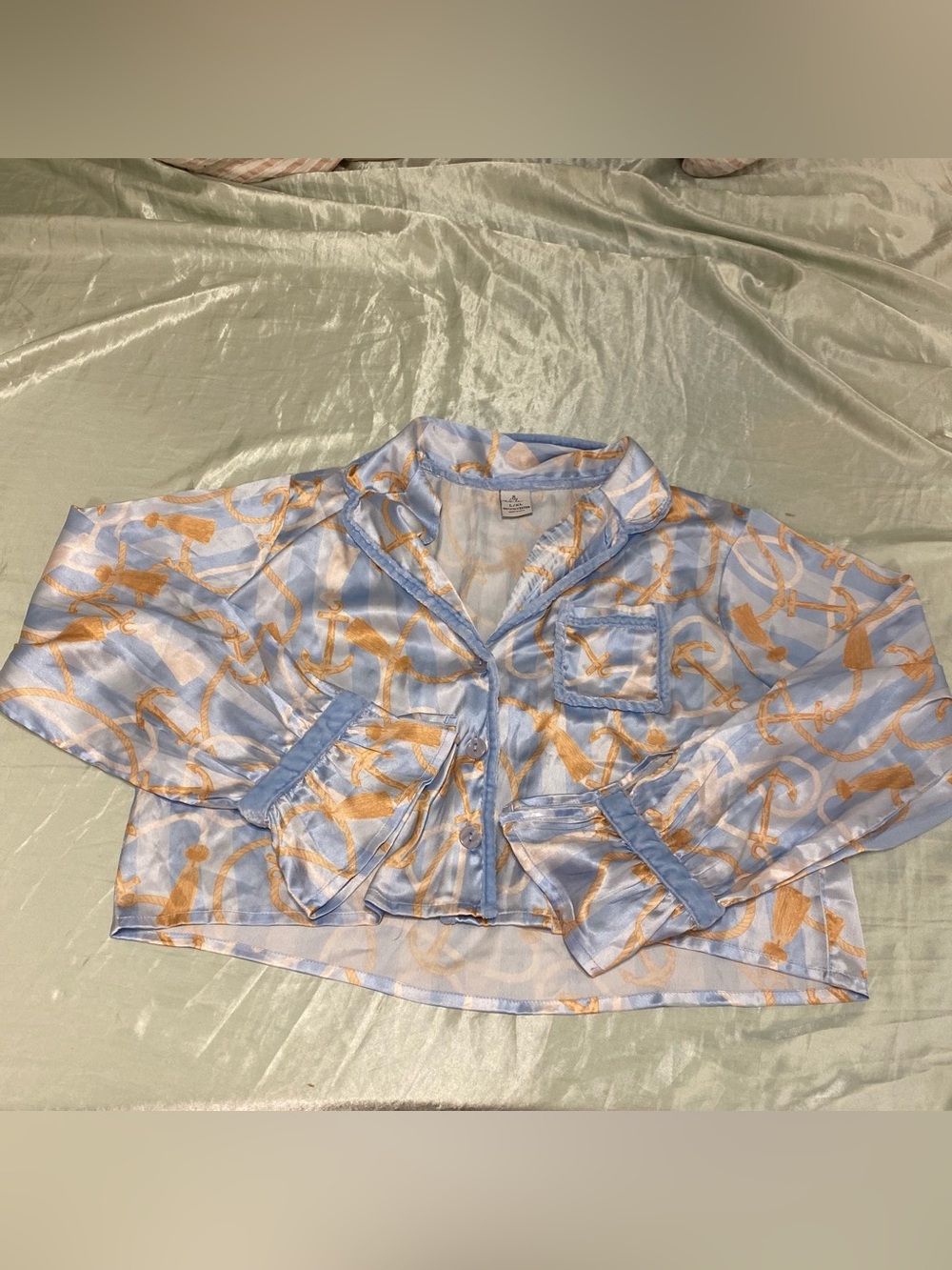 Silk-Feel Blue & Gold Printed Pajama Top